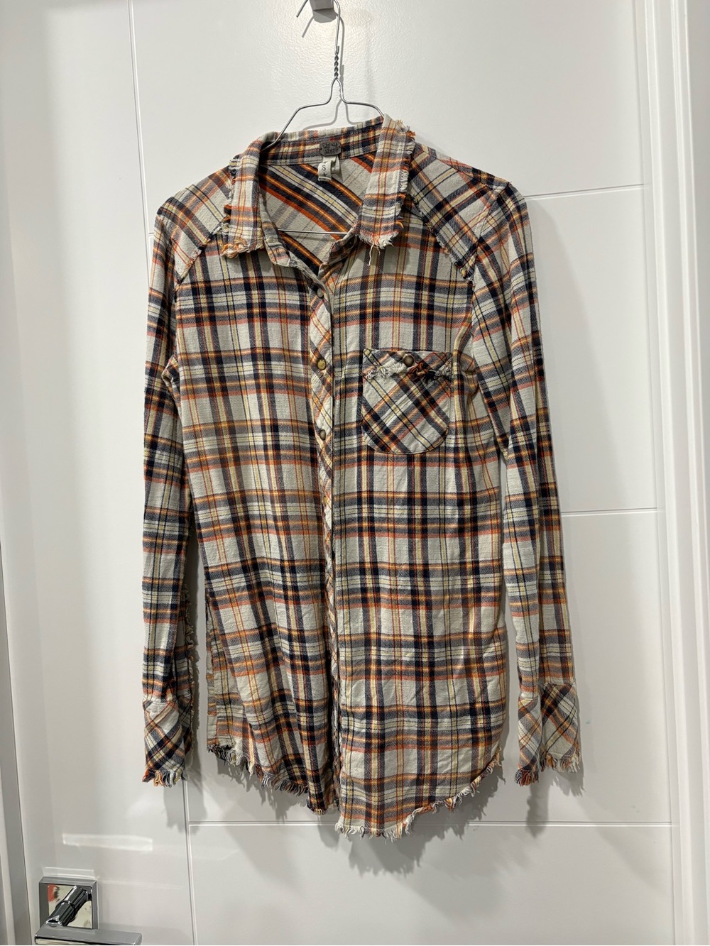We The Free Plaid Button-Up Shirt in Cream, Orange & Brown